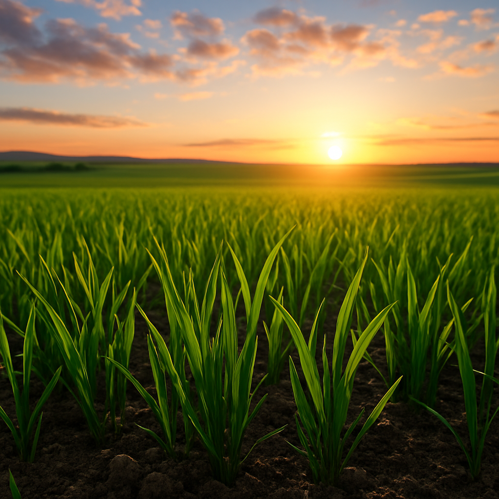 AI close up of grass under a setting sun. 