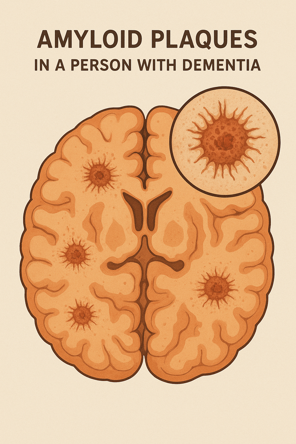 AI generated image of a cartoon brain with amyloid plaques. 