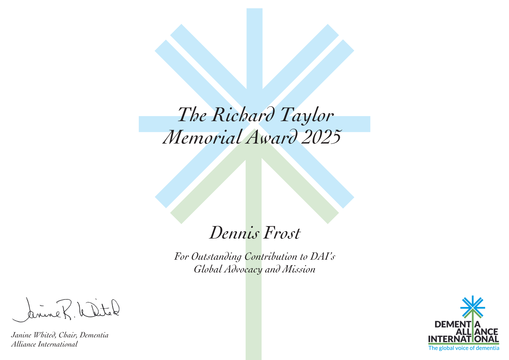 Richard Taylor Award certificate addressed to Dennis Frost